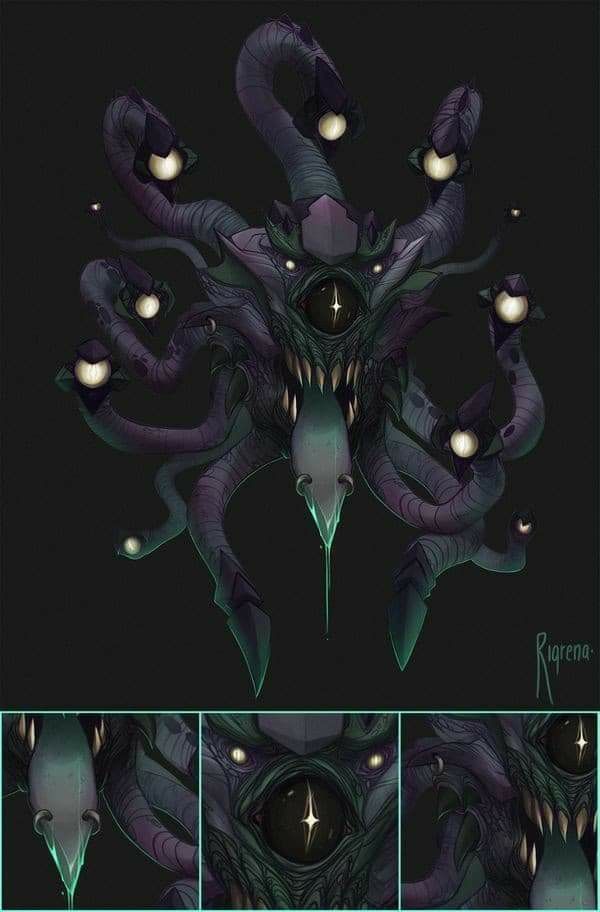 a digital illustration of a fantasy monster with multiple tentacles and eyes. the monster is purple and green with black details. it has a menacing expression and a grotesque appearance. the background is black and the illustration is in a dark and eerie style.