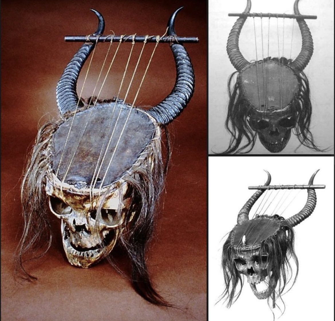 the image is a collage of photographs featuring a lyre, a stringed musical instrument, crafted onto a human skull. the skull has real hair attached and is adorned with two horns that serve as the arms of the lyre. the collage includes color and black and white depictions of the instrument from different angles.