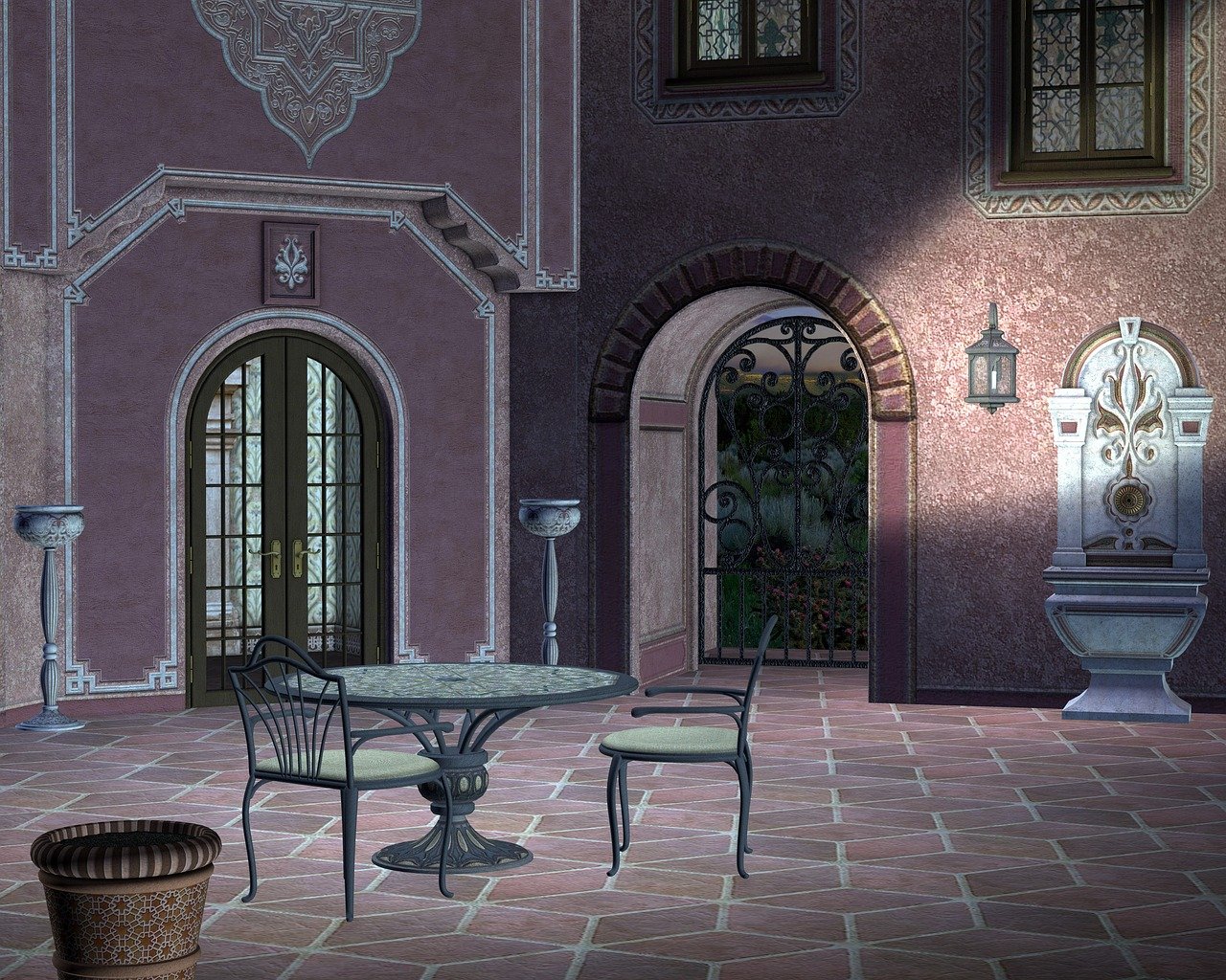 a courtyard scene with a table and chairs set on a tiled floor. there's a decorative fountain against the wall, an arched doorway leading to a garden, and windows above. a lantern hangs on the wall, and a stool sits near the table. the architecture is ornate, with details like arches and moldings.