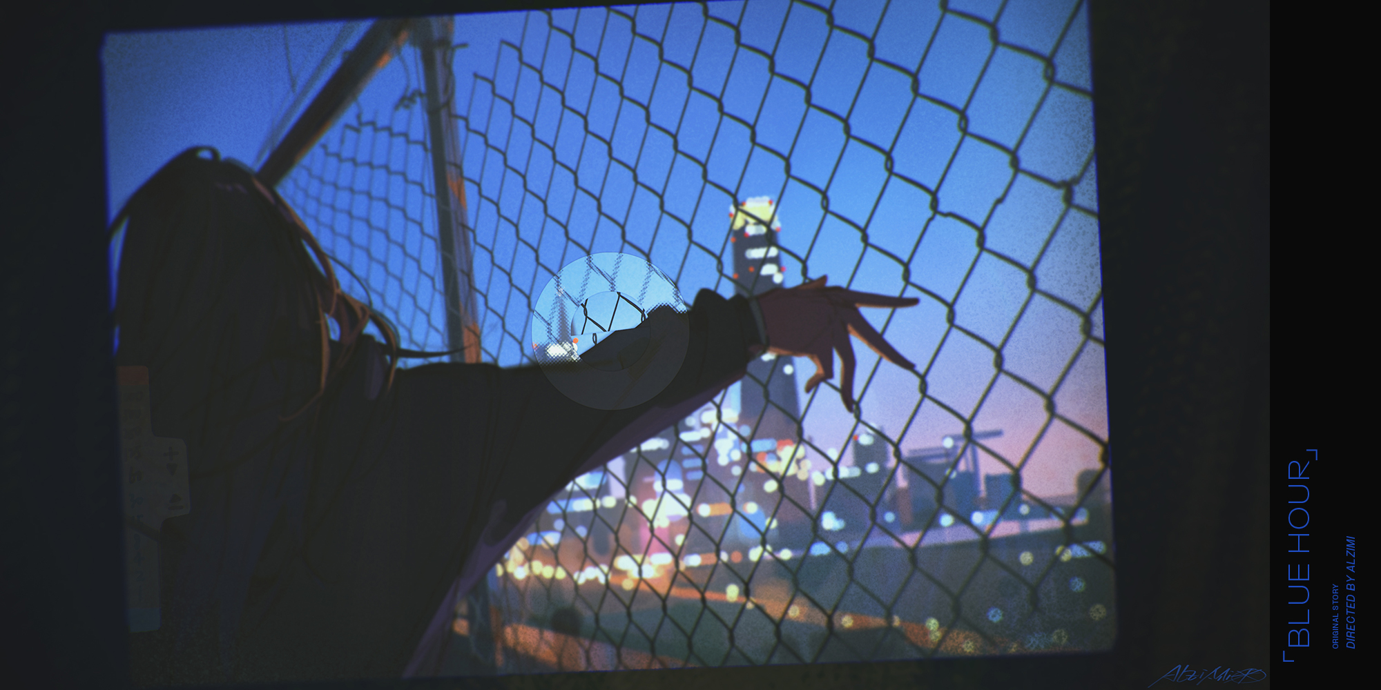 the image shows a silhouetted person, their back to the viewer, reaching out towards a brightly lit cityscape through a chainlink fence. the scene is bathed in the cool, blue tones of twilight, contrasting with the warm glow of the city lights in the distance. the focus on the fence and the silhouette creates a sense of distance and longing.