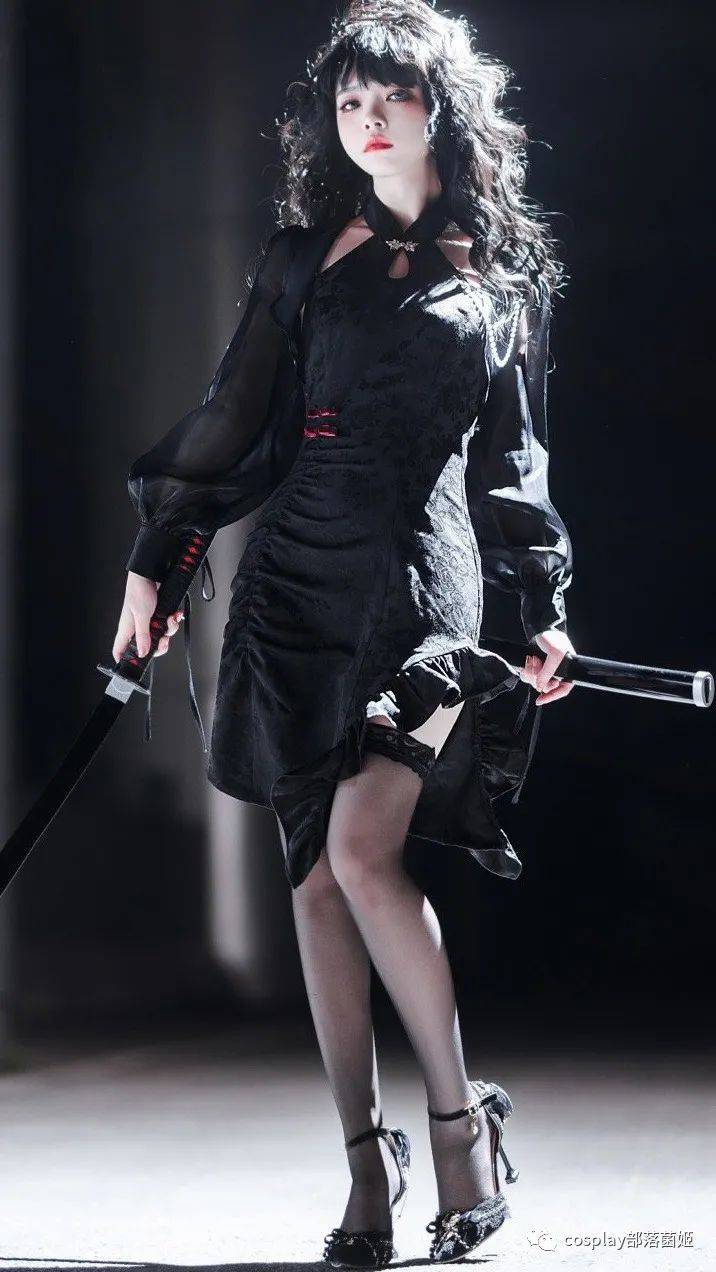 a woman is standing in a dark room, holding a katana. she is wearing a black dress, stockings, and heels. she is cosplaying a character from a video game or anime.