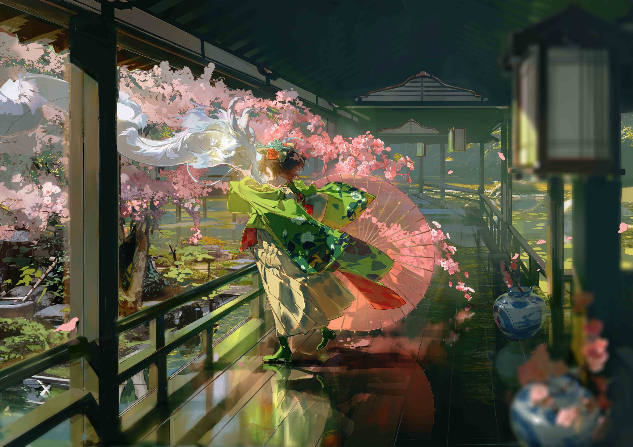 a woman in a green kimono stands on a veranda, looking at the cherry blossoms. she is holding a pink fan in her right hand. the veranda is surrounded by a lush garden with a pond. the sun is shining brightly, creating a warm and inviting atmosphere.