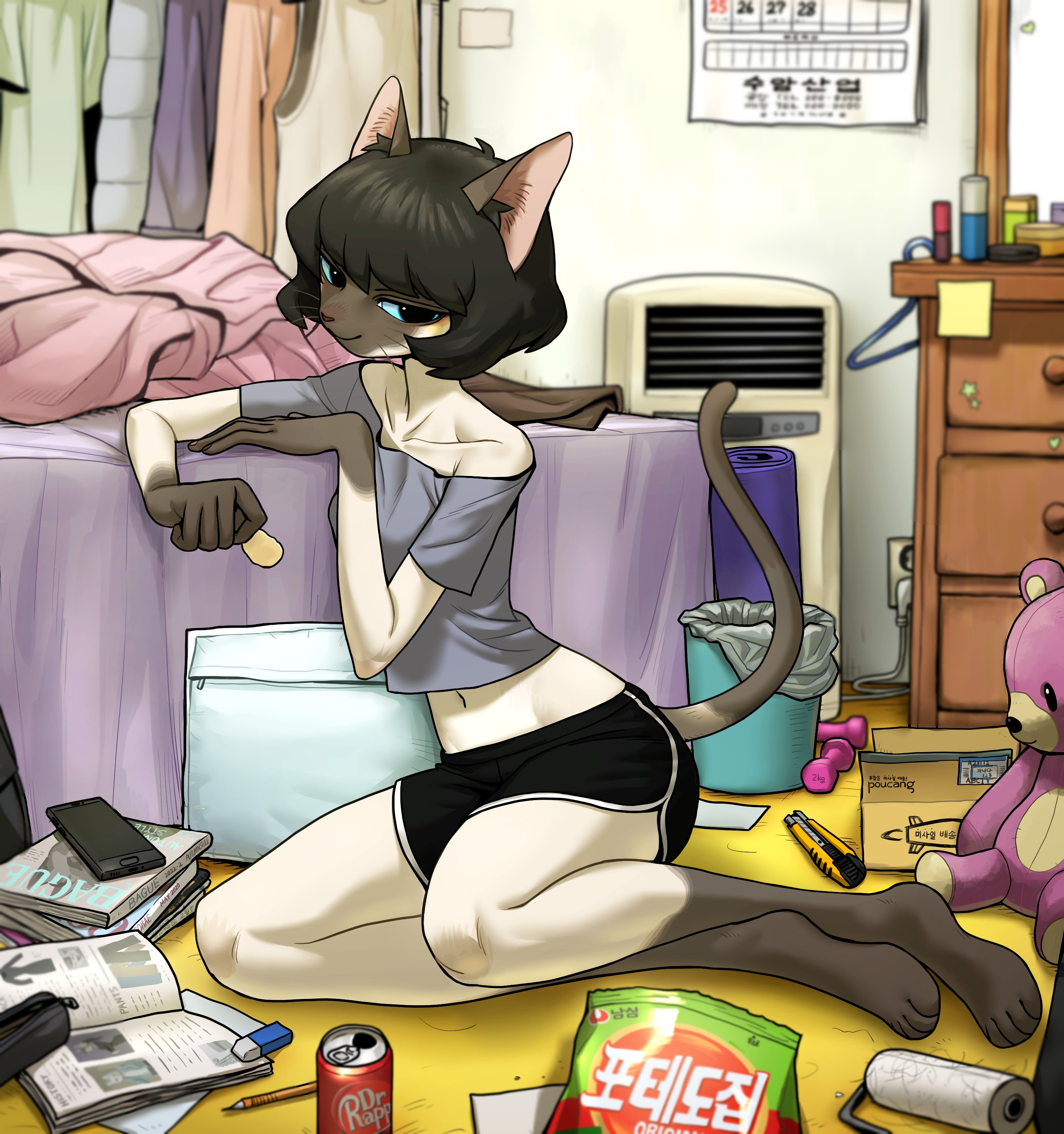 a cat girl sits on the floor of a messy room. she is wearing a white shirt and black shorts. she is looking at the camera with a relaxed expression. the room is cluttered with furniture, clothes, and other objects.  she has a can of soda in front of her and a bag of chips on the floor.  there is also a yoga mat, weights, and a teddy bear in the room.