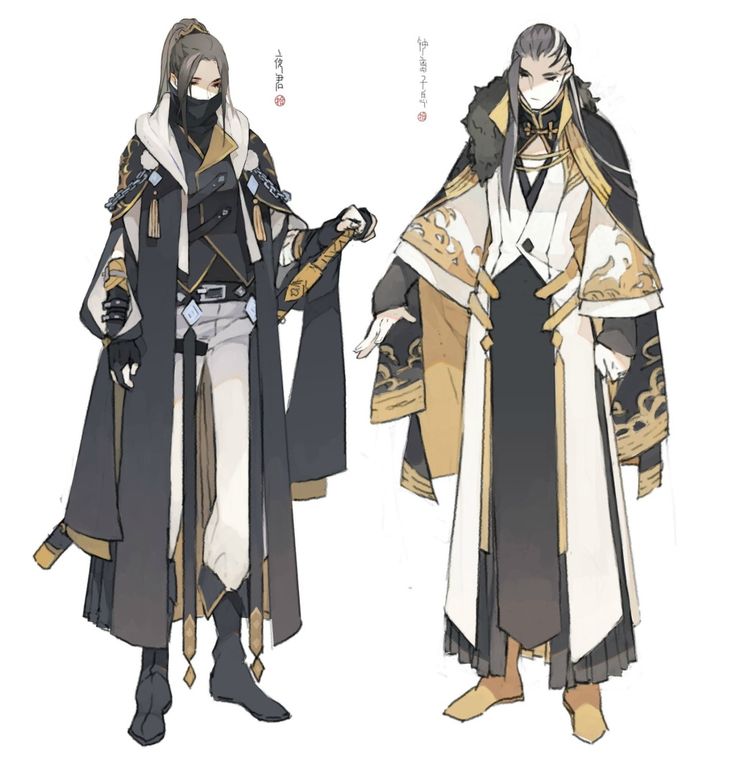 this image features two male anime characters, both wearing elaborate clothing. the left character is dressed in black with gold accents, while the right character is dressed in white with gold accents. both characters appear to be noble and powerful, with an air of elegance. the characters' clothing is detailed and intricate, suggesting a high level of skill and craftsmanship.  the image is drawn in a cartoon style, and there is a sense of fantasy and adventure to it. the characters' expressions are neutral, but there is a hint of seriousness to them.