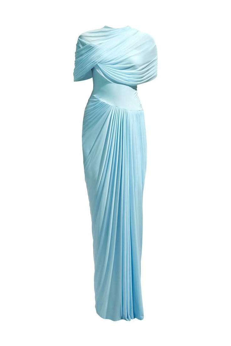 a light blue, draped gown is displayed against a white background. the dress has a shoulderrevealing design with twisted fabric at the top, and the skirt features vertical pleats.