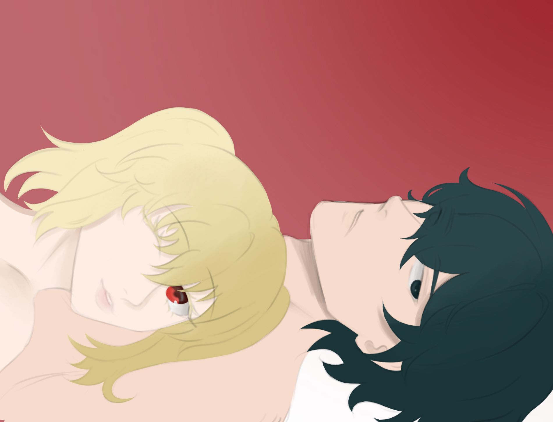 the image is a digital drawing in an anime/manga style.  it depicts a young blonde woman with one visible red eye resting her head on the shoulder and chest of a young man with dark teal hair.  they are both lying down, and the woman's face is partially obscured by her hair. the background is a solid, muted reddishmaroon color. the overall mood is intimate and peaceful, with a soft color palette and gentle lines. the style is suggestive of a romantic or intimate relationship between the two characters.