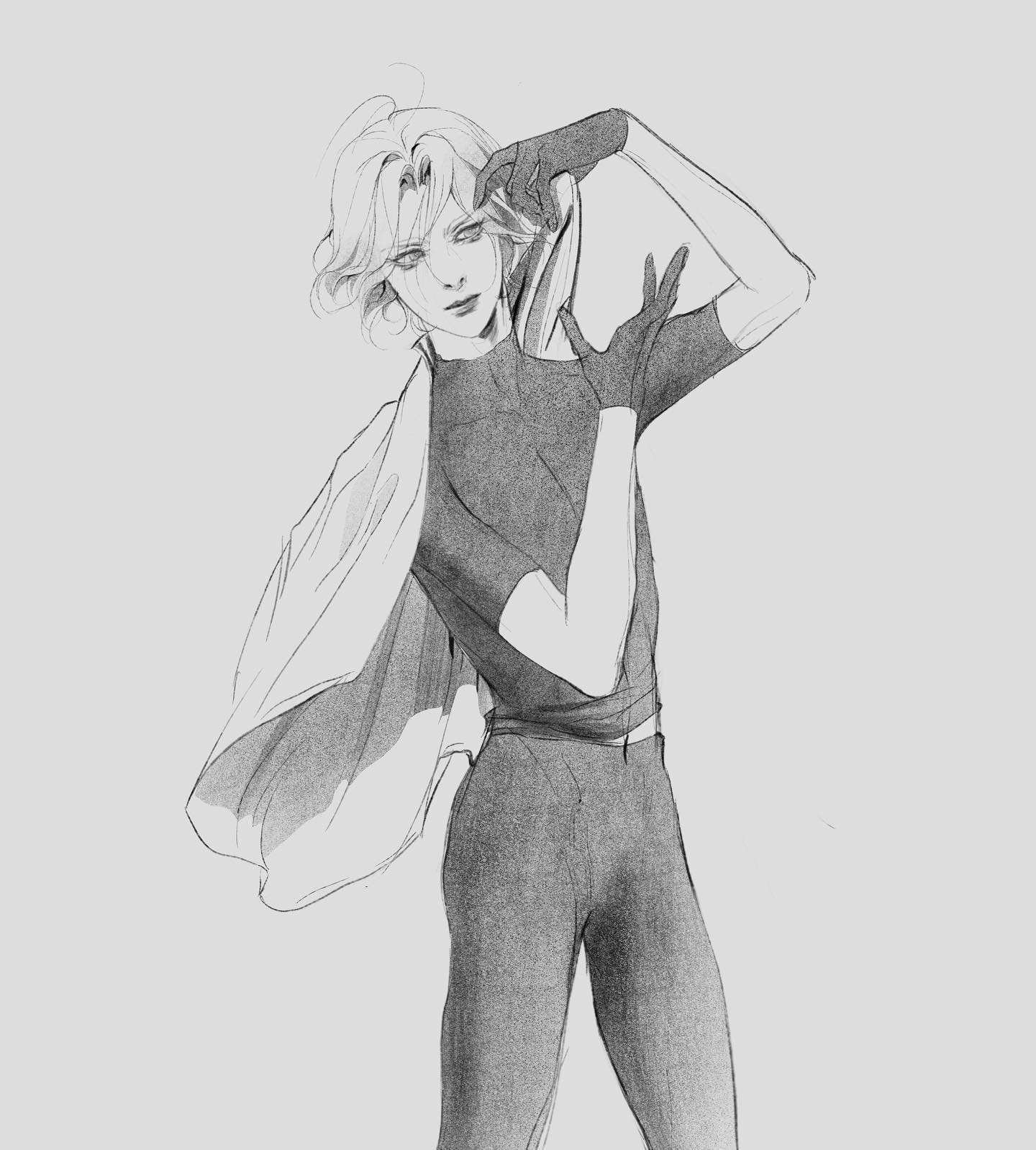 a black and white sketch of a male ice skater, drawn in a loose and expressive style. he's wearing a turtleneck, fitted pants, and has one arm raised, holding an ice skate. his jacket is draped over his other arm.  the lighting is soft and highlights the contours of his body.