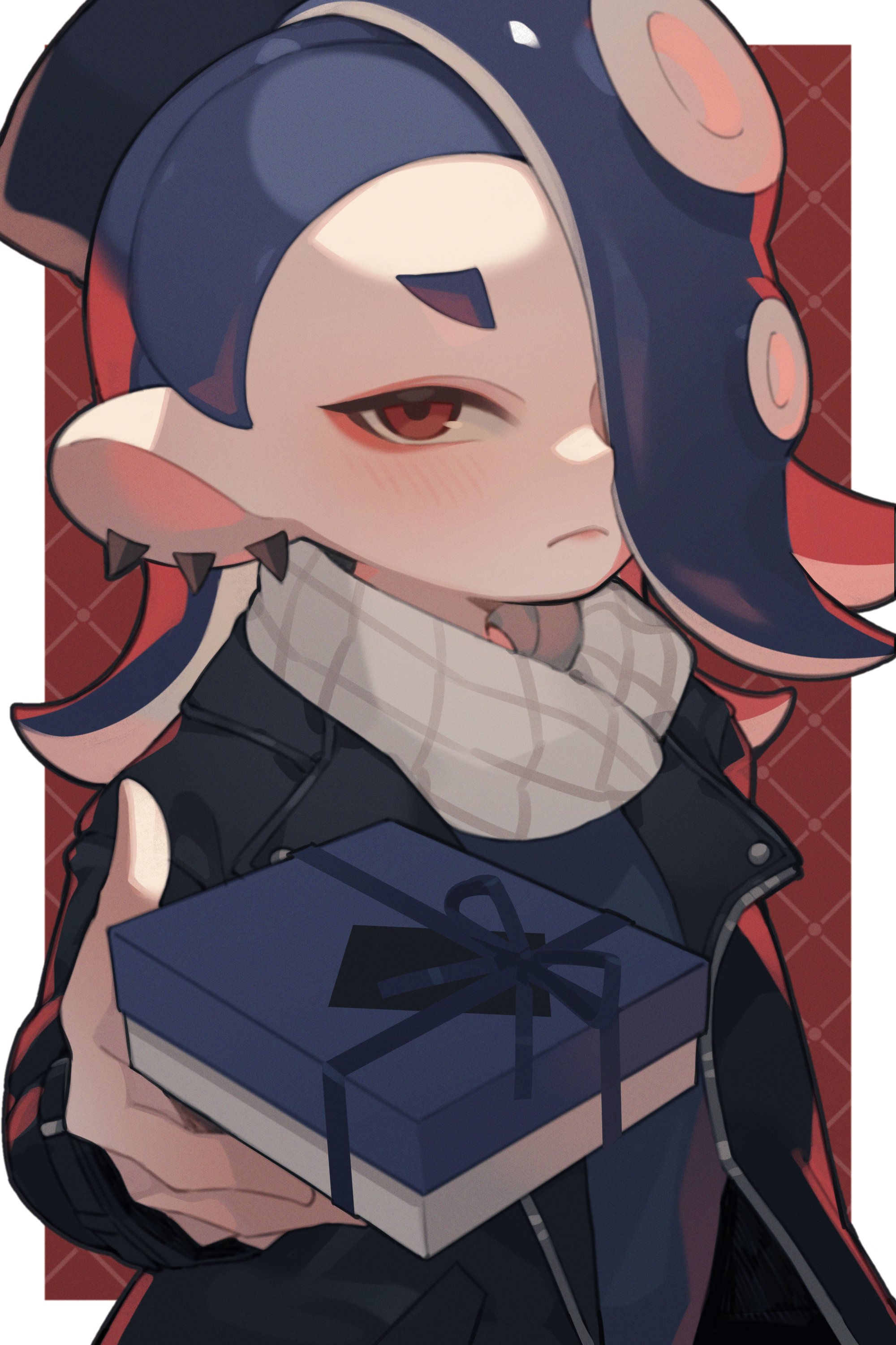 a splatoon inkling character with a blue gift box. the inkling has red eyes, blue hair, and is wearing a black jacket. they are offering the gift to the viewer.
