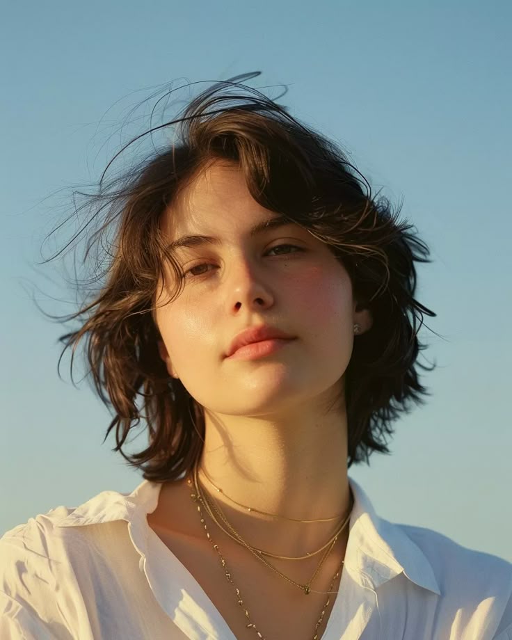 a portrait of a young woman with short, shaggy brown hair, wearing a white shirt and multiple gold necklaces. she is bathed in soft sunlight against a clear blue sky. her expression is serene and she is looking directly at the camera.