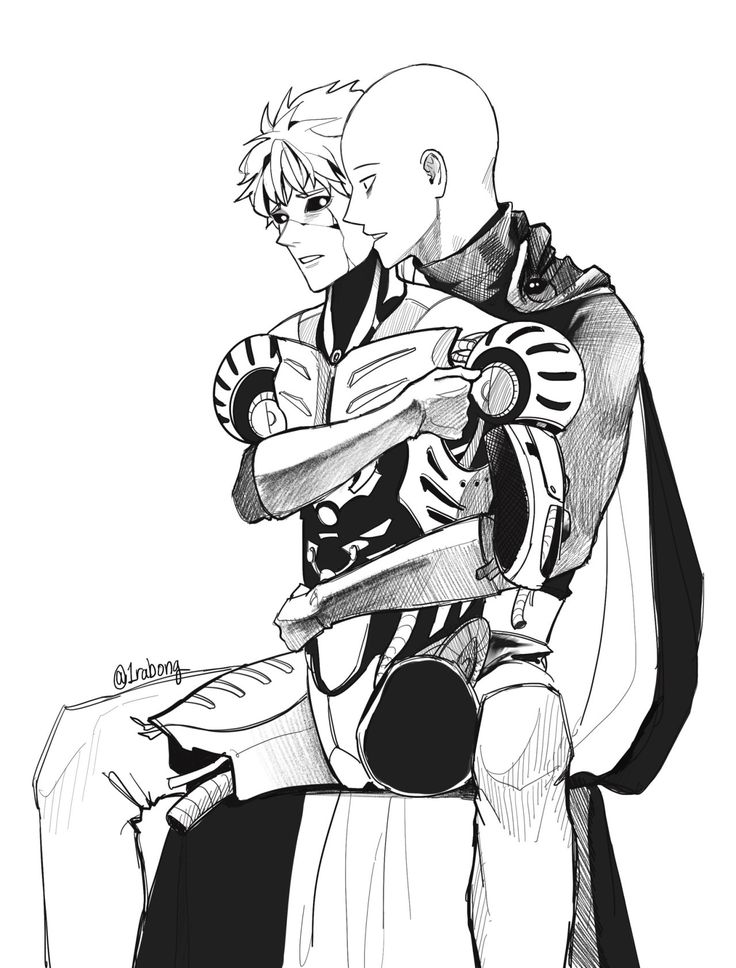 the image is a black and white fanart drawing depicting saitama from onepunch man hugging genos.  genos is partially in his cyborg form, showcasing some of his robotic components. saitama is seated and has his arm around genos, who appears slightly smaller and is looking towards saitama's shoulder. the style is a detailed sketch, with shading and linework creating depth and texture.  the background is mostly plain, keeping the focus on the two characters and their interaction. the overall feel is intimate and affectionate, portraying a close bond between the two characters.