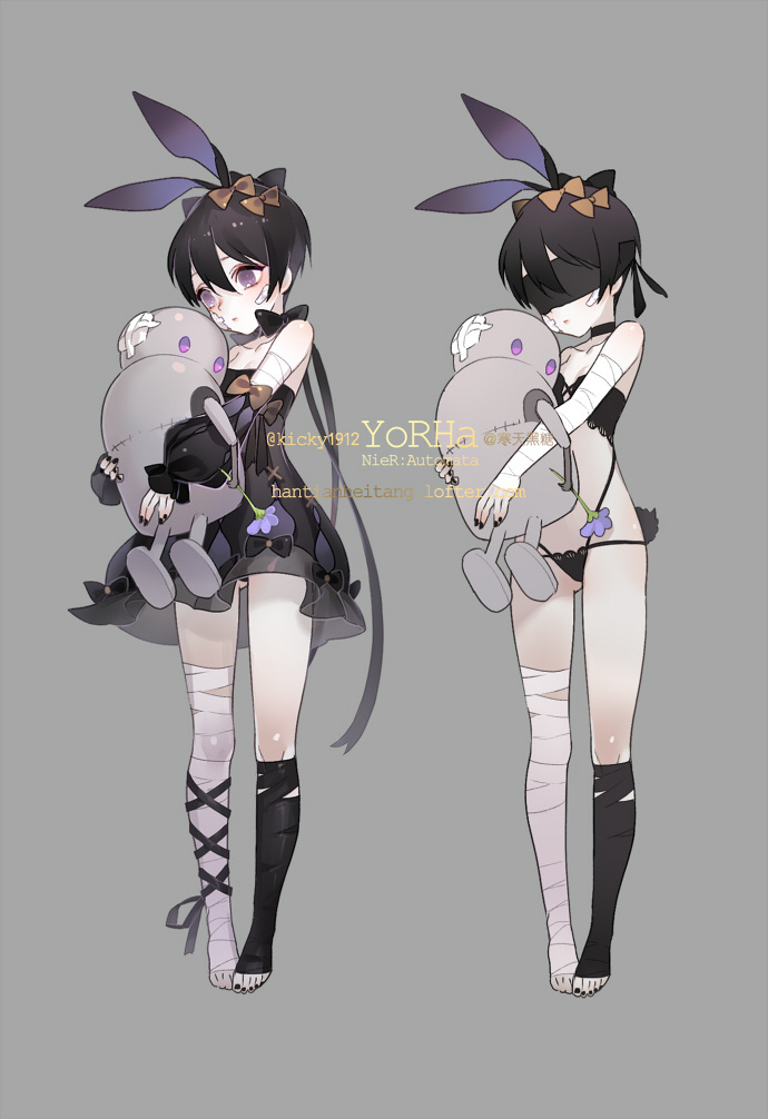 this digital illustration features two anime girls dressed in black and white outfits with bunny ears and holding plush robots. the left girl has black and white bandages on her legs and the right girl has white and black bandages.  both girls are holding their robots in a loving embrace. the background is a solid gray.