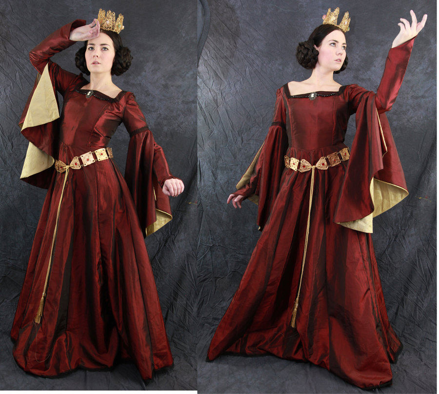 the image shows a woman wearing a stunning, fulllength medieval or renaissancestyle gown.  the dress is a rich burgundy color with gold accents on the sleeves and a gold belt. the sleeves are long and bellshaped,  and the dress features a fitted bodice and a flowing skirt. the woman also wears a gold crown, enhancing the regal appearance. two slightly different poses of the same woman are presented in the image. the background is a simple dark gray to allow the dress and the model to stand out. the overall style suggests a queenly or highranking persona from a historical or fantasy setting. the fabric appears to be a luxurious taffeta or similar material.