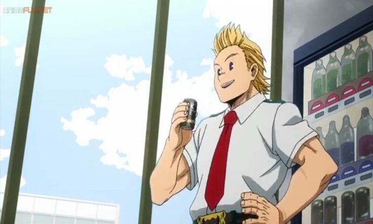 a young blond anime character with a white shirt, tie and muscular arms is standing in front of a vending machine holding a can of beverage.