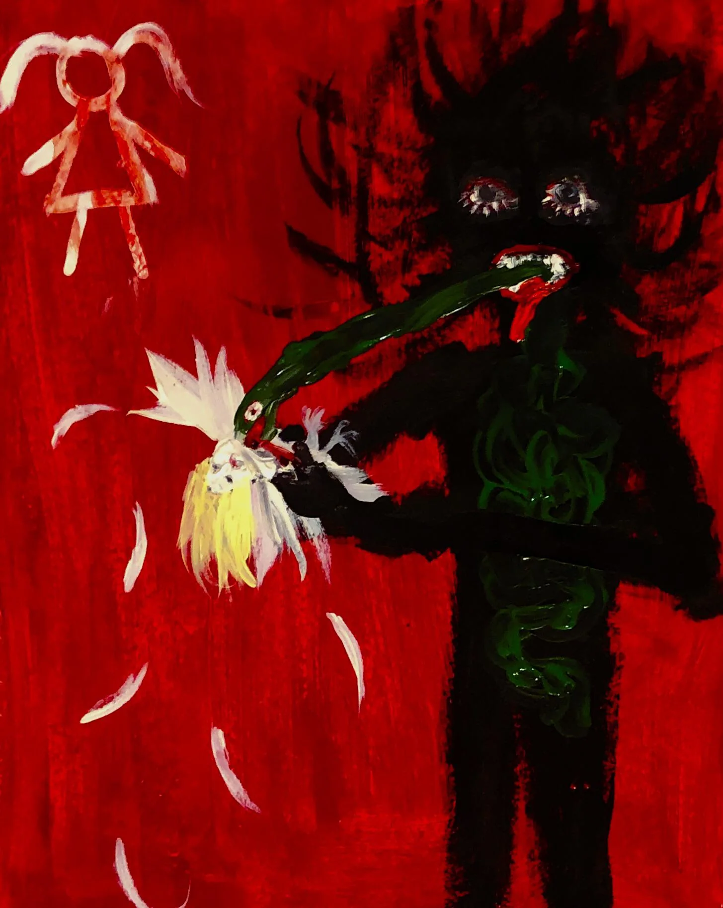 an unsettling painting featuring a dark, monstrous figure consuming a dismembered doll. the figure has bulging eyes, a long green tongue, and what appears to be exposed green guts. it holds the doll in its hands. a simple white stick figure of a child floats above, and scattered white feathers surround the scene. the background is a vivid red. the painting style is crude and reminiscent of a child's drawing, enhancing its disturbing nature.