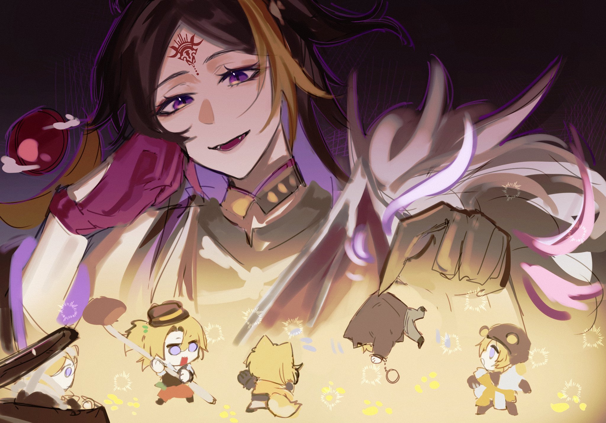 the image is an illustration of a group of anime characters. the character in the center is a woman with long, purple hair and bright red lips. she has a large, white and purple ribbon, and is wearing a white and brown dress.  she is smiling at the smaller characters around her. the other characters are all chibi style, small and round, with big eyes. there are four other characters, two with hats and two with fox ears. the woman is clearly the most prominent character, and is shown as being much larger than the other characters.  there is a sense of playfulness and joy in the image, and the characters all seem to be happy and carefree. the background of the image is simple, with a gradient of purple and yellow.  it is a very whimsical and enjoyable image.