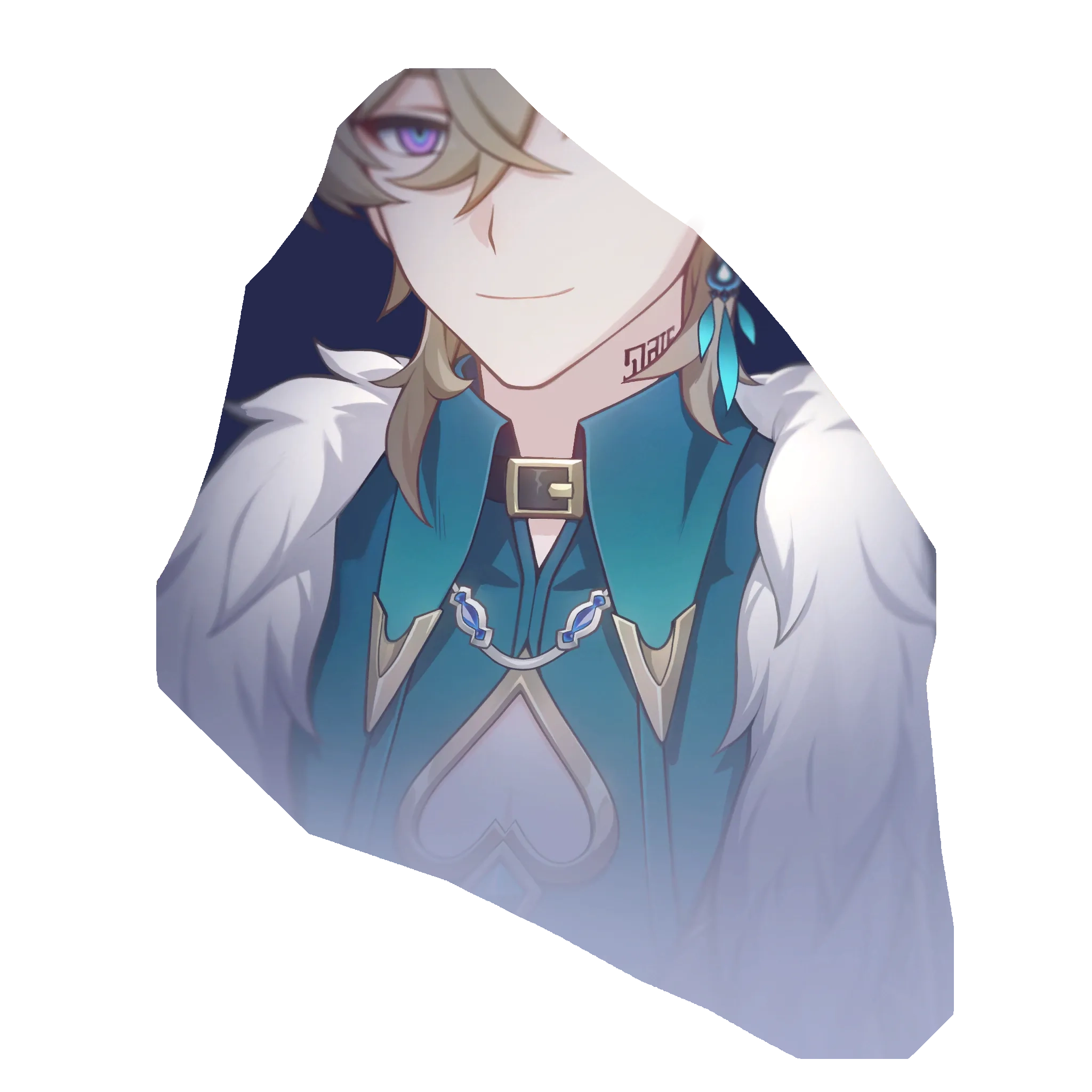 the image is a stylized closeup digital fanart of scaramouche from the game genshin impact.  he is depicted from the chest up, wearing his signature teal and white outfit, adorned with various accessories including a necklace and earrings.  his characteristic smirk is visible, along with his blonde hair and distinctive tattoo on his neck. the background is blurred and dark, creating a mysterious and somewhat shadowy atmosphere, giving the focus to scaramouche. the art style is reminiscent of the game’s aesthetic, showcasing clean lines and vibrant colors. the image has a soft, slightly hazy effect around the edges.