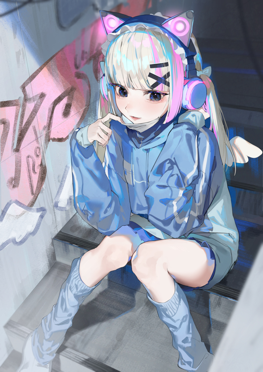 an anime girl with pastelcolored hair and cat ears is sitting on stairs. she is wearing a light blue hoodie and knee socks. there is graffiti on the wall behind her. she has wings. she is wearing headphones.