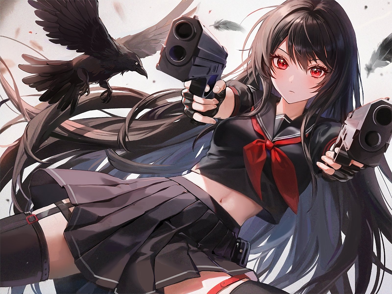 the image depicts an anime girl with long black hair and red eyes. she is wearing a darkcolored school uniform consisting of a short pleated skirt, a black top, and a red tie. she is holding two guns, one in each hand, and appears to be in a combatready stance. a black crow is perched behind her, adding to the dark and intense atmosphere. the artwork is a digital painting and has a style reminiscent of manga illustrations. the overall mood is actionpacked and dramatic.