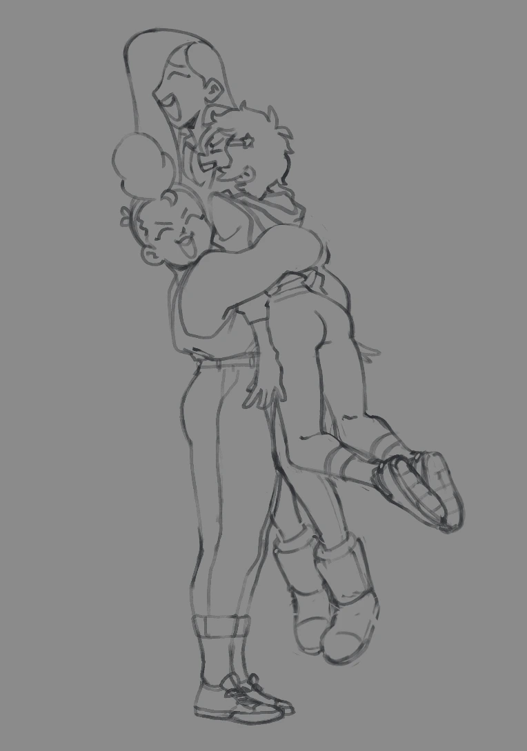 a line art pencil sketch of three people hugging. the group consists of an adult woman with long hair and two children. they are all smiling and appear to be very close. the drawing is in grayscale and is set against a plain background.
