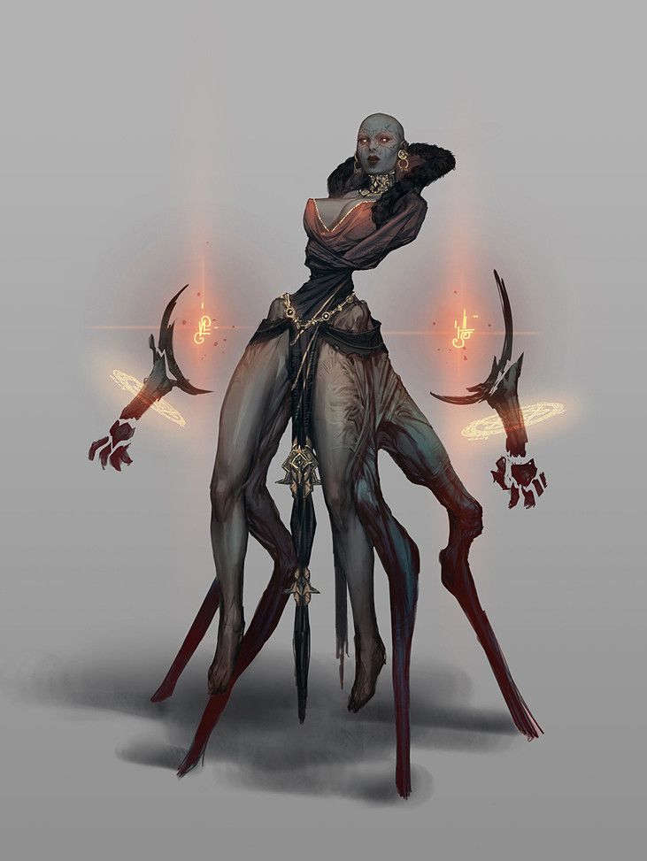 this digital illustration is a dark fantasy themed creature that is part human, part demon, with an unsettling appearance. it has blue skin, long dark hair and a  dress that seems to be a dark and dusty red. the creature has four arms, which are depicted as long and skeletal with orange glowing tips. the creature is holding a large black staff in its right hand, with the top part of the staff being adorned with many golden circular accents. the creature is shown with an eerie yet confident expression. the background of the image is a simple grey color that helps to focus the viewer's attention on the creature.