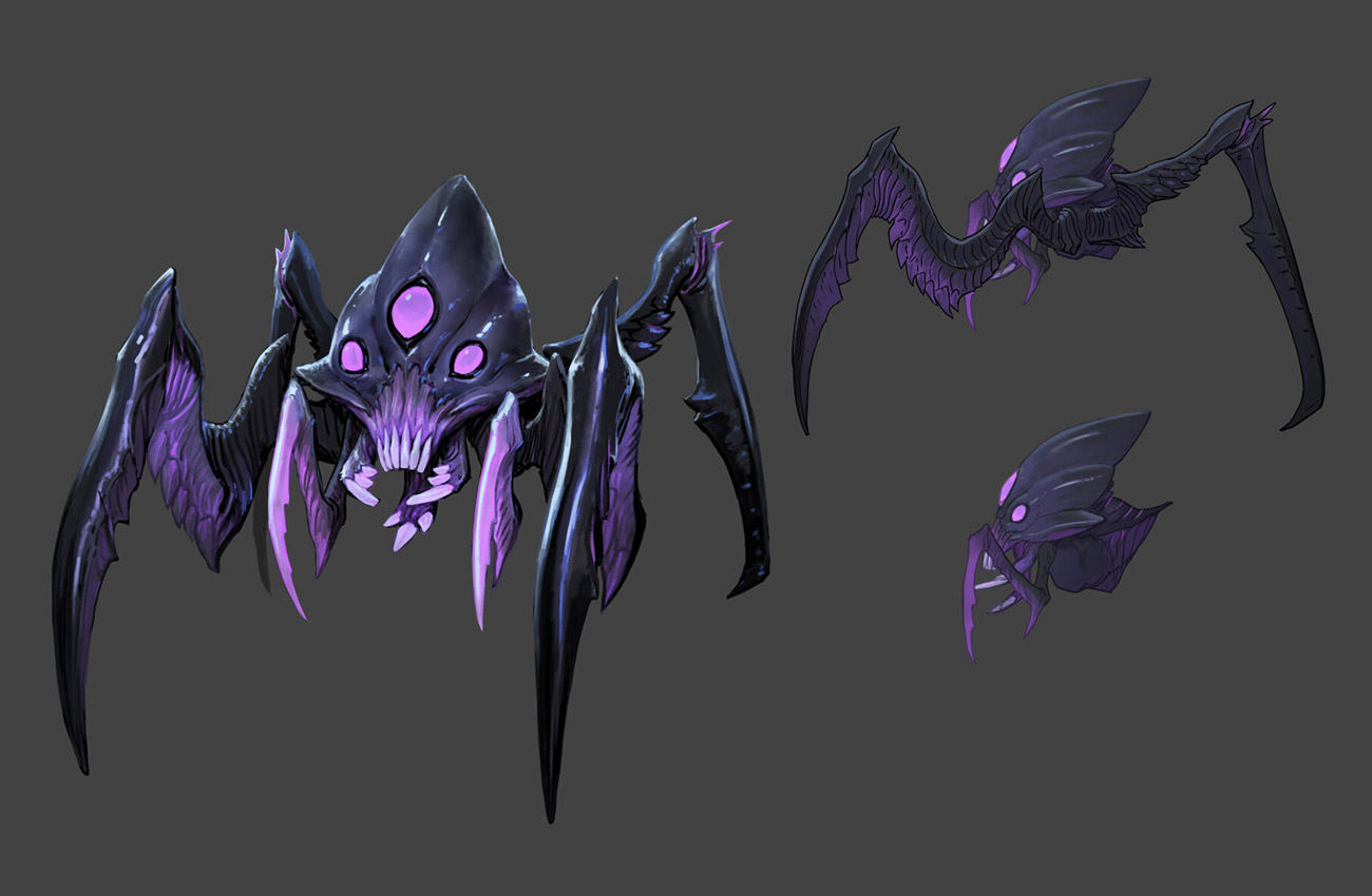 he image showcases a 3d model of a dark fantasy spiderlike creature with three glowing purple eyes, sharp legs and wings, and prominent fangs.  three different views of the creature are presented, offering a comprehensive look at its design. the background is a neutral gray, allowing the creature to be the focal point. the style is reminiscent of concept art for video games or fantasy illustrations.