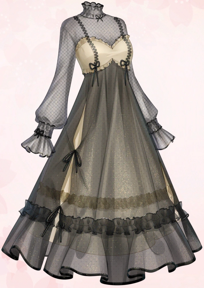 a long black dress with a cream colored bodice. the dress has a tulle overlay with gold accents and black lace trim. the bodice has a sweetheart neckline and bows at the waist. the sleeves are long and sheer with lace cuffs.
