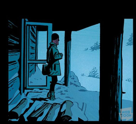a woman stands in a doorway of a wooden cabin, looking out at the snowcovered landscape. she is silhouetted against the light from inside the cabin, and the outside is dark and shadowy. the scene is full of mystery and suspense, and it suggests a sense of loneliness and isolation. the image is from a webtoon comic.
