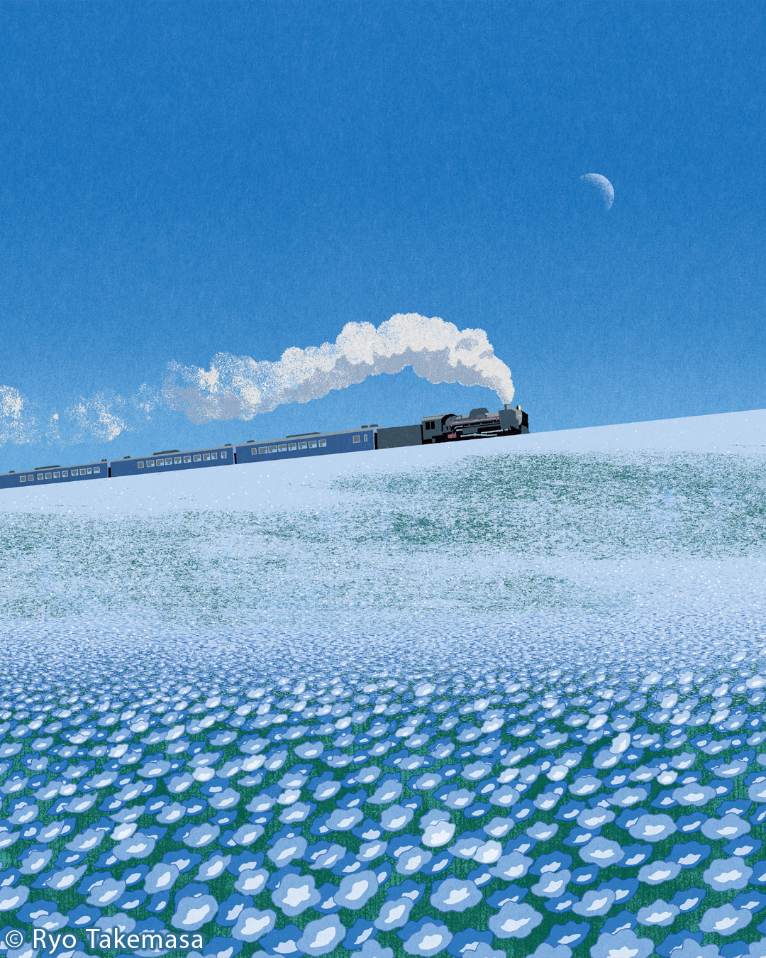 a colorful illustration by ryo takemasa depicts a steam train ascending a snowcovered hill. the train emits a large plume of white smoke into the clear blue sky. in the foreground, a field of flowers with blue and white petals covers the landscape. a crescent moon is visible in the upper right corner of the sky.