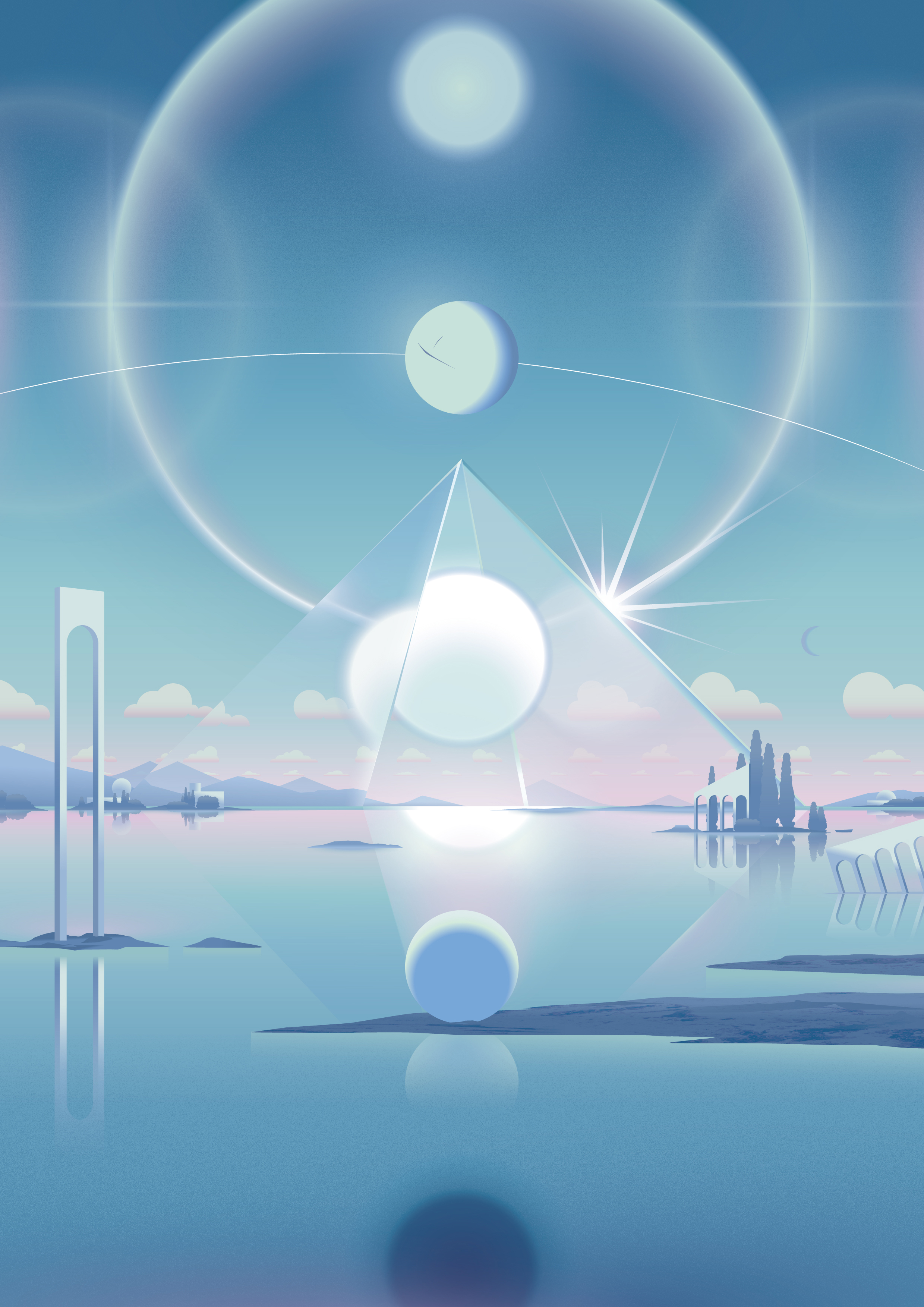 the image presents a serene, minimalist landscape bathed in soft, ethereal light. a large, translucent pyramid stands on a body of water, its apex pointing towards a trio of celestial orbs in the sky.  smaller spheres float above the water, mirrored in its reflective surface.  ruined archways and distant structures suggest a lost civilization, while the overall composition exudes a sense of tranquility and mystery.