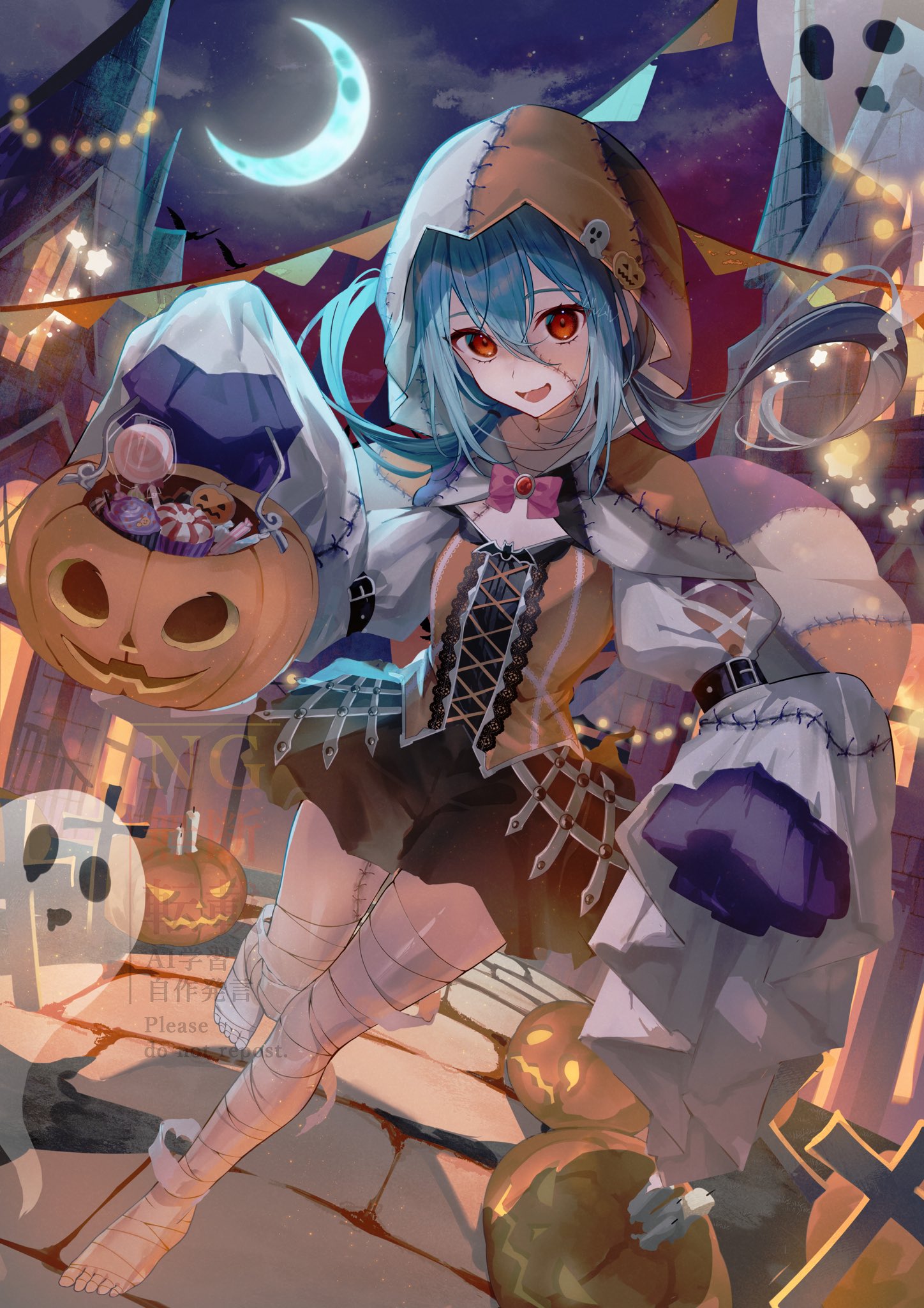 the image is a digital illustration of an animestyle girl dressed in a halloween costume. she is wearing a patched, hooded cloak, bandages on her legs, and a dark dress. she is carrying a pumpkin filled with candy. the setting is a night scene with a crescent moon, spooky houses, and various halloween decorations. the overall style is cute and slightly spooky. the artist's signature or watermark is partially visible in the bottomleft corner.