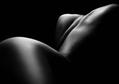 the image is a black and white photograph of a nude female body. the subject is positioned reclining, with the back and curves of the body prominently featured.  the lighting is dramatic, using strong chiaroscuro to highlight the form and texture of the skin, while much of the image is shrouded in shadow. the overall effect is artistic and sensual, focusing on the abstract beauty of the human form.