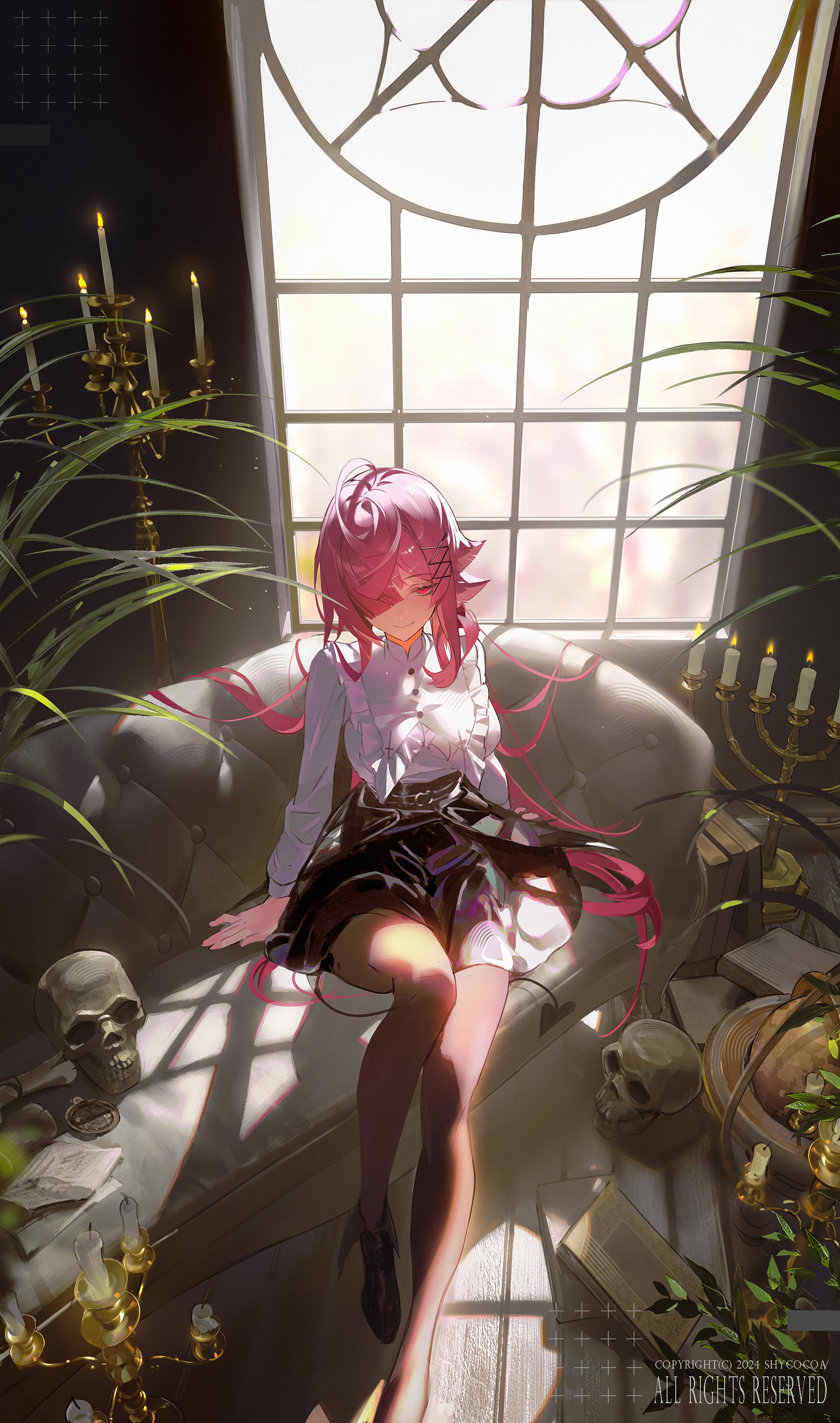 the image showcases a young anime girl with vibrant pink hair, dressed in a white blouse and a dark skirt. she sits gracefully on a plush velvet couch bathed in sunlight streaming through a grand, gothicstyle window. the room is filled with an eclectic mix of objects: candles flicker on ornate stands, human skulls rest on stacks of ancient books, and lush green plants add a touch of life to the otherwise somber atmosphere. the overall mood is one of quiet contemplation and eerie beauty.