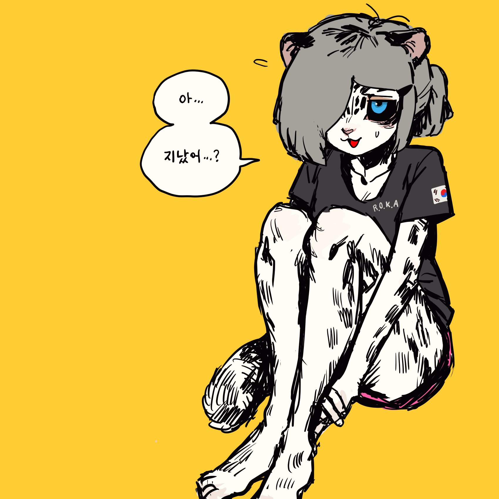 this is a cartoon drawing of a snow leopard girl sitting on the floor. she is wearing a black tshirt with rok army printed on it and  pink shorts. she also wears a rok flag patch. she has gray fur and white spots. she looks like she is thinking. there is a thought bubble above her head with korean writing in it.  the background is yellow.