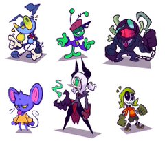 the image displays six distinct cartoon characters, each with a unique design and color palette. the characters have a slightly spooky yet playful aesthetic, reminiscent of halloween or monster themes. they are depicted in various poses, suggesting movement and personality.