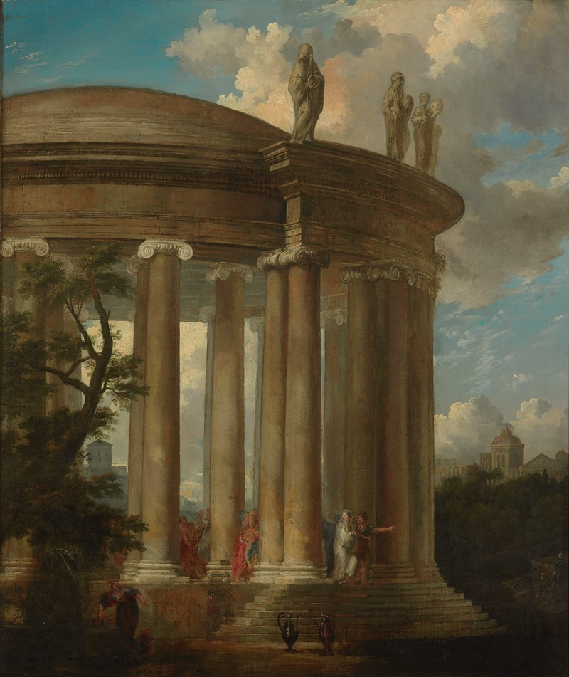 the painting depicts a classical rotunda temple with a series of columns, topped with statues of figures. people are seen on the stairs and at the entrance of the temple. a landscape of trees and buildings is in the background, set against a cloudy sky.