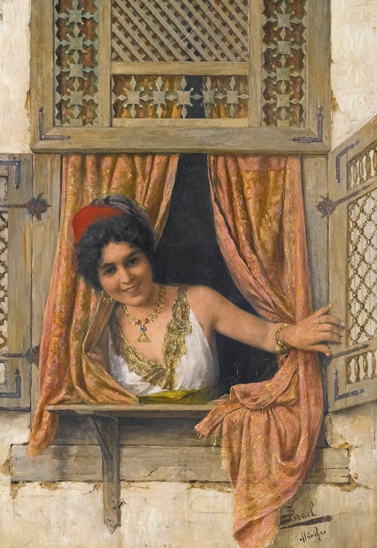 the image is an orientalist painting by israel münich, depicting a woman leaning out of a window. she wears a white dress with gold trim, a green sash, and a red fez on her dark hair. she is adorned with a necklace, earrings, and a bracelet. the window has a lattice design and is framed by a wooden structure. a patterned curtain hangs on either side of the woman. the painting is executed in a realistic style, with attention to detail in the clothing, jewelry, and architectural elements.