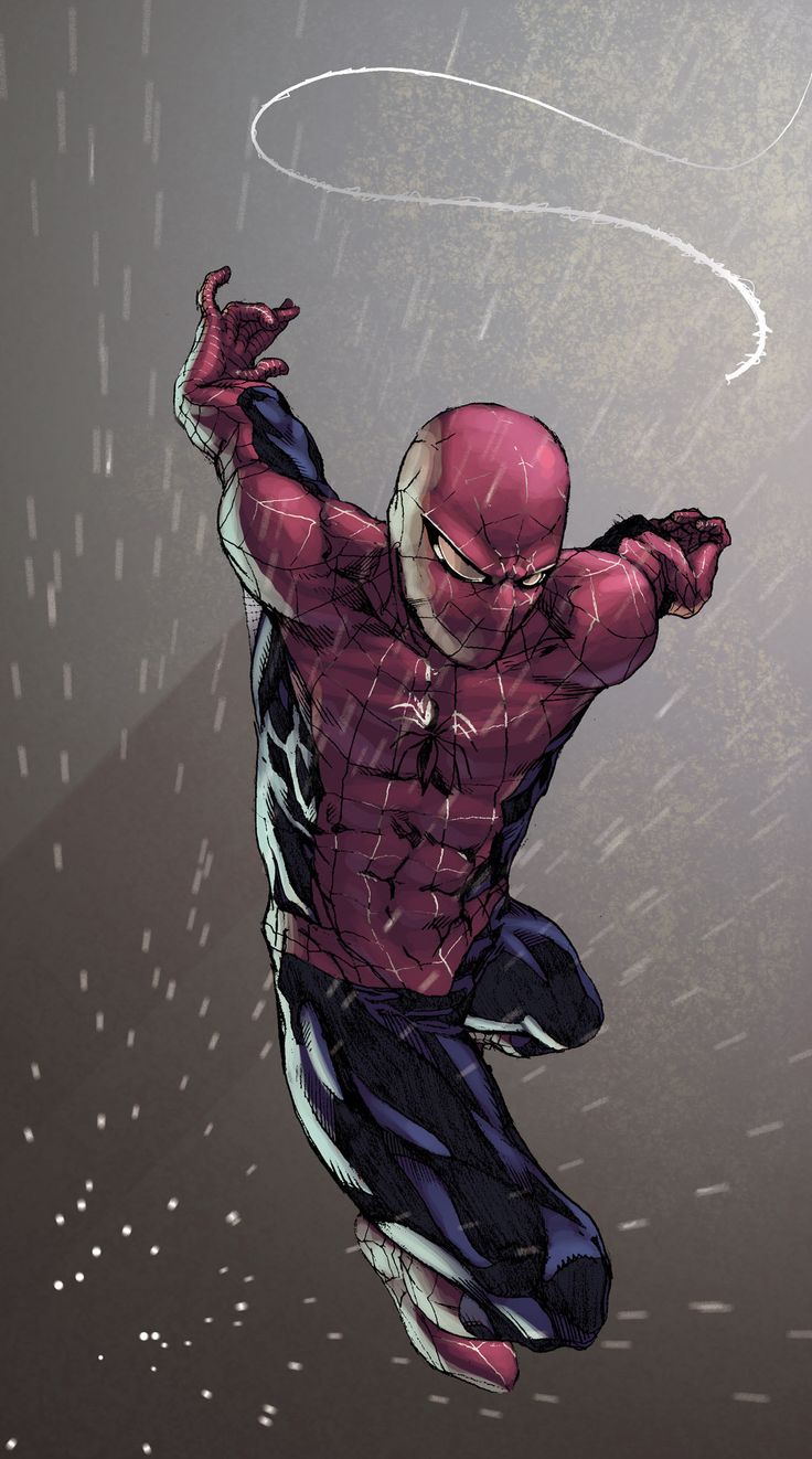 this is a digital illustration of spiderman in action. he's wearing his classic red and blue suit with a black spider logo on his chest. he's masked and in a midair action pose, webshooters in hand. there's a white web trail behind him and he's in front of a grey background with rain falling around him.