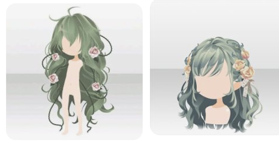 the image showcases two variations of a digital illustration featuring a female character's head and torso. she is styled with long, flowing green hair adorned with delicate floral accessories. the left side presents a fullbody view, highlighting the hair's length and flow, while the right focuses on a closeup of the head, emphasizing the hairstyle and floral details. both illustrations are set against a plain white background, drawing attention to the character's design. the color palette consists of soft pastels and muted greens, contributing to a gentle and feminine aesthetic.