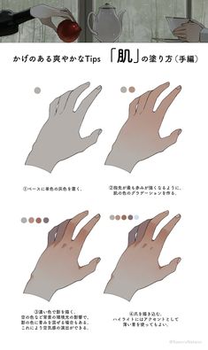 the image is a tutorial on how to shade skin for a stylized art style like anime or manga. it focuses on hands as the subject. the tutorial uses japanese text and provides four steps, illustrating the process of applying base color, adding shadows, and finishing with highlights. each step includes a small color palette demonstrating the shades used.