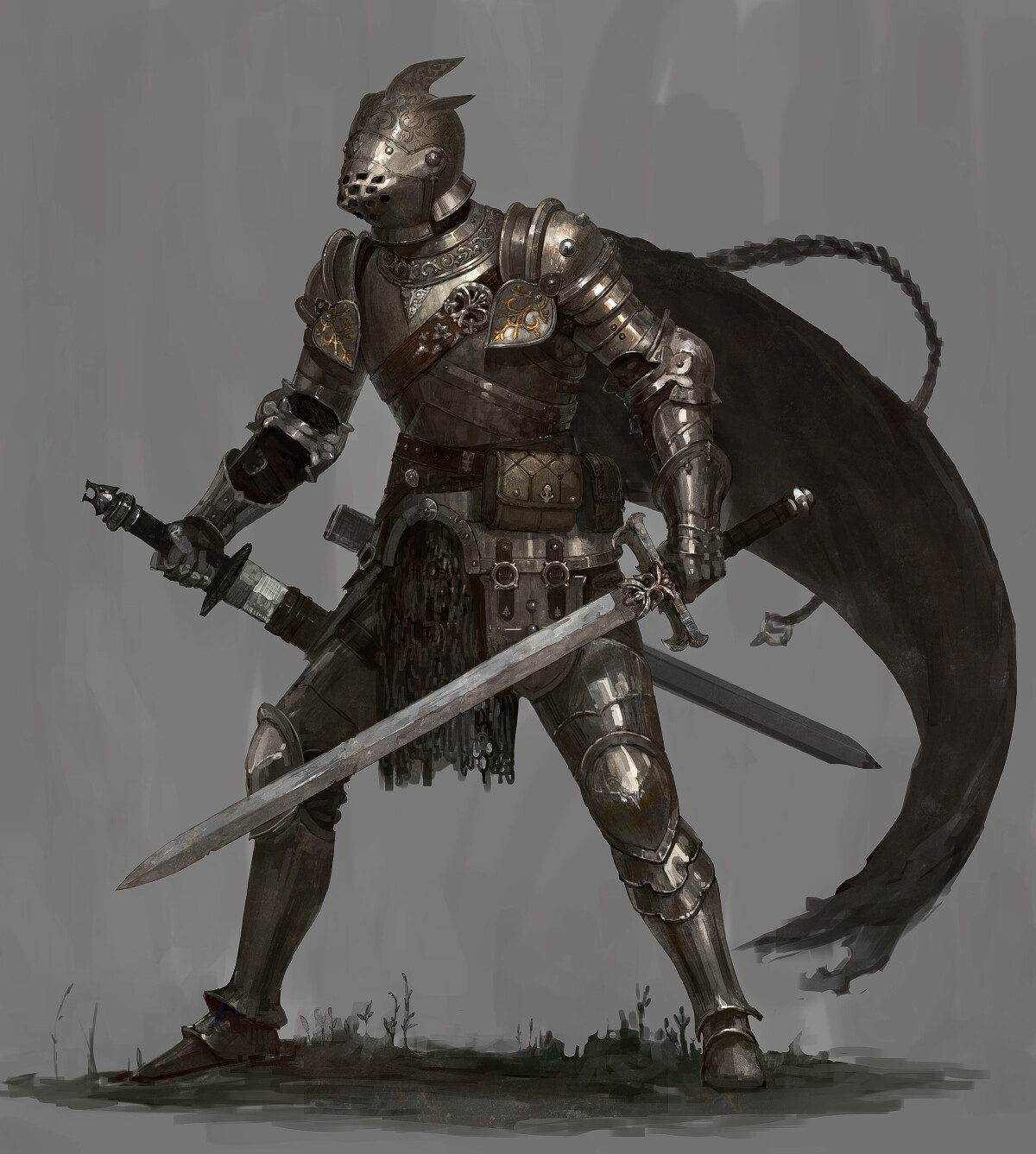 a knight in full plate armor, stands ready for battle. he wields two swords, one in each hand. the knight's cape billows behind him, adding a sense of motion to the image. the lighting is dramatic, casting deep shadows on the knight's armor. the image has a dark, gritty feel to it, appropriate for the subject matter.