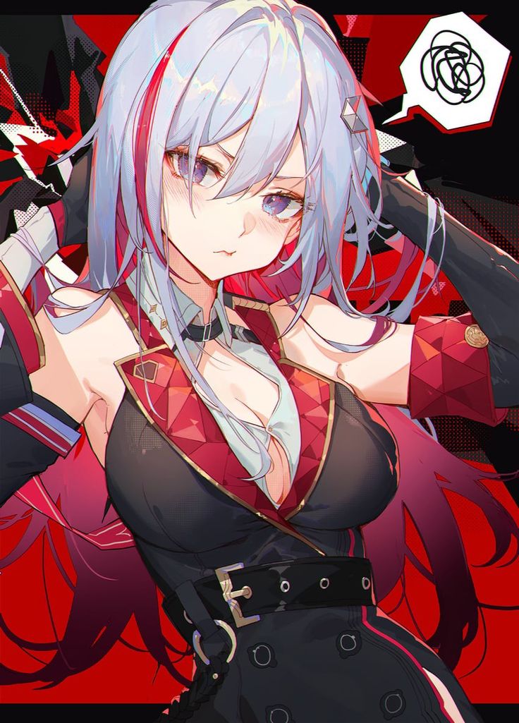 the image is a digital painting or illustration of a stylized anime girl. she has long, flowing white hair with streaks of red, and striking purple eyes. her expression is one of slight confusion, indicated by a thought bubble with a tangled line inside. she is wearing a complex, stylish outfit that combines black and red elements, featuring a lowcut top, a belted jacket or dress, and various gold and black accessories. the background is a bold red with black accents, which contrasts nicely with her attire. the overall style is detailed and vibrant, suggesting a character from a video game, anime, or manga.  the art style is reminiscent of current popular anime and game character designs.