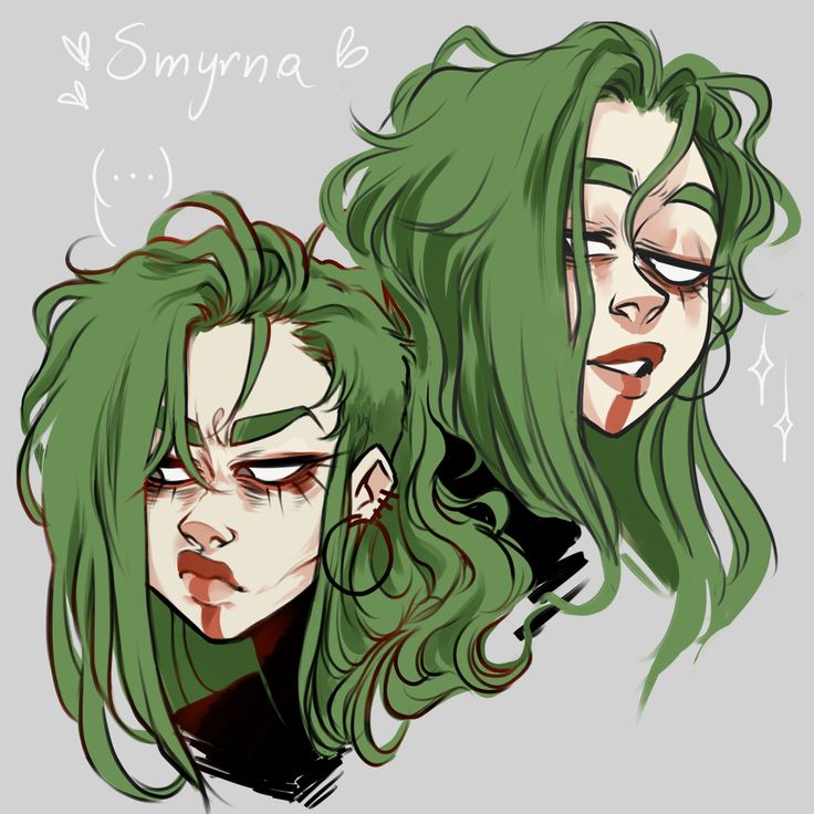 the image is a digital drawing of a woman with green hair and a stylized art style. she has long, flowing green hair and is drawn with sharp, angular lines. the woman is staring directly at the viewer with an angry expression. the woman has dark eyeshadow under her eyes and appears to be wearing black clothing. the artist's signature "smyrna" is in the top left corner of the image.  there is a second woman in the image with the same green hair but her expression is more sad and she is looking to the left of the viewer.