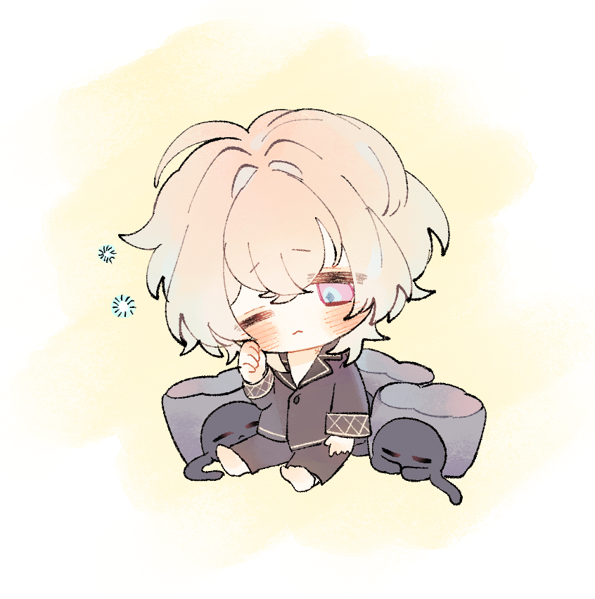 the image is a digital drawing of a chibistyle anime boy. he has blonde, fluffy hair and is wearing dark grey pajamas. he appears sleepy and has a slight blush on his cheeks. he is sitting between two grey cat plushies. the overall style is soft, pastel, and kawaii.  the background is a light yellow wash. the artwork is charming and evokes feelings of comfort and warmth.