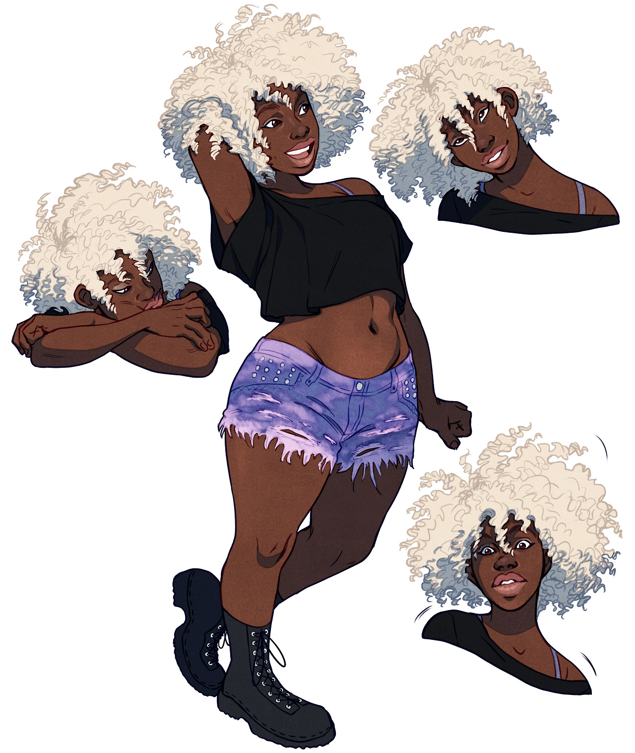 a character design sheet featuring a darkskinned woman with large white afro hair. she is wearing a black crop top, blue jean shorts, and black boots. the sheet shows the character in different poses and with different facial expressions.