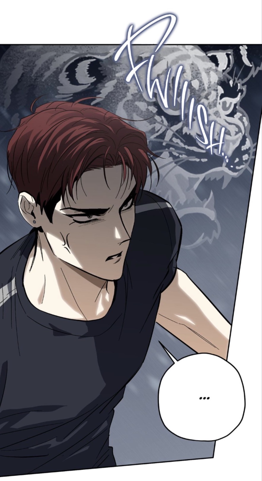 the image shows a closeup illustration of a man with red hair.  he has a serious, almost intense expression on his face. he's wearing a darkcolored athletic shirt. the background features a stylized image of a tiger's head with a swoosh indicating movement. a blank speech bubble is placed to the bottom right. the style is reminiscent of anime or manga art. the overall mood is dark and intense.