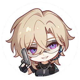 closeup shot of a chibistyle anime boy character. he has shoulderlength blonde hair, purple eyes, and a smirk. he's holding a pistol and is dressed in tactical gear, including a dark vest and necklace with a dog tag. the character is depicted in a round icon against a dark gray background. the art style is cute and slightly mischievous.