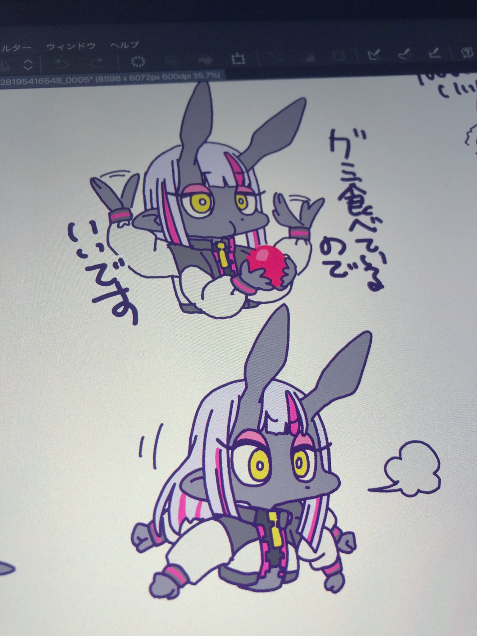 a digital drawing of an animestyle bunny character with long white hair. the character is shown twice, once holding a red ball and once looking to the side with a thought bubble. the drawings are outlined in black and filled with gray, white, and pink. the background is a light gray digital canvas. there is japanese text above the drawings.