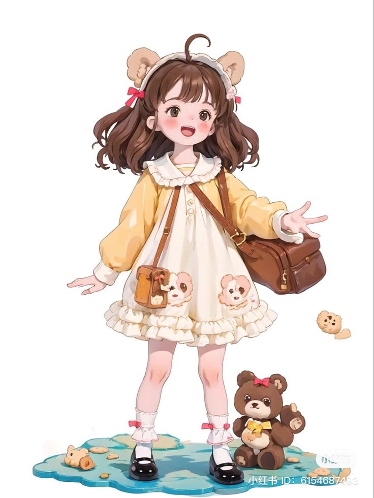 he image is a digital drawing of a cute animestyle little girl. she has brown hair with bear ear hair clips,  and she's wearing a yellow and white dress, brown shoes, and white socks with bows. she has a brown leather handbag and carries a small brown box purse. a brown teddy bear is sitting near her feet, and there are cookies scattered on the ground around her. the girl is smiling happily. the background shows a waterlike surface with lily pads. the overall style is whimsical and adorable.