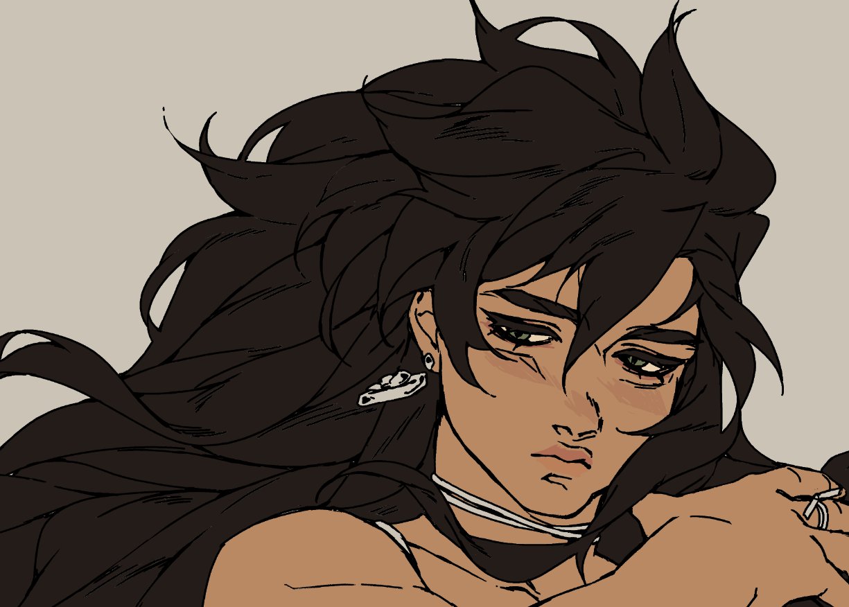this is a digital drawing of a woman with long, dark hair that is pulled back over her shoulder. she is looking down with a sad expression on her face.