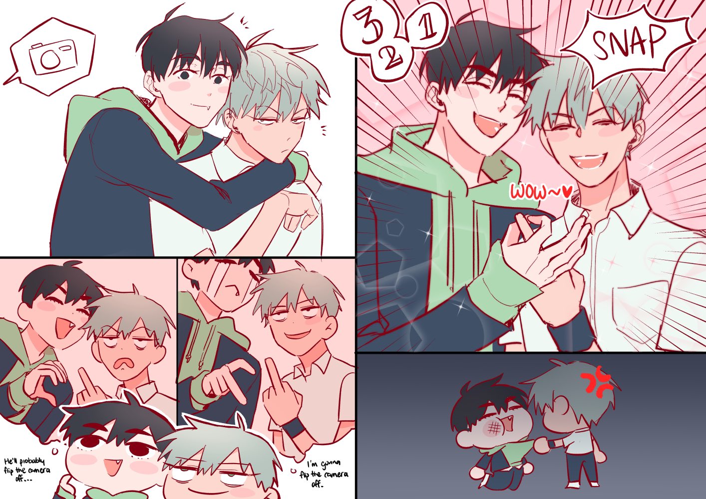 this manga image shows four boys taking pictures and interacting with each other. in the top left corner, two boys are hugging each other, the one in the back is holding a camera, and the boy in the front is wearing a white shirt. in the top right corner, two boys are posing for the camera, the one in the back is wearing a green jacket and the one in the front is wearing a white shirt. in the bottom left corner, two boys are looking at each other, both of them are wearing school uniforms. in the bottom right corner, the two boys from the top right corner are shown in a chibi style. the one in the green jacket is smiling while the other one is angry.